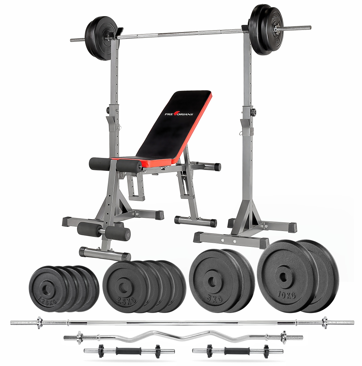 Zestaw do ćwiczeń 82kg z ławką treningową TB102 sztangą / gryfem prostym 180 cm, gryfem lekko łamanym 120cm, obciążeniem żeliwnym45 kg i hantlami